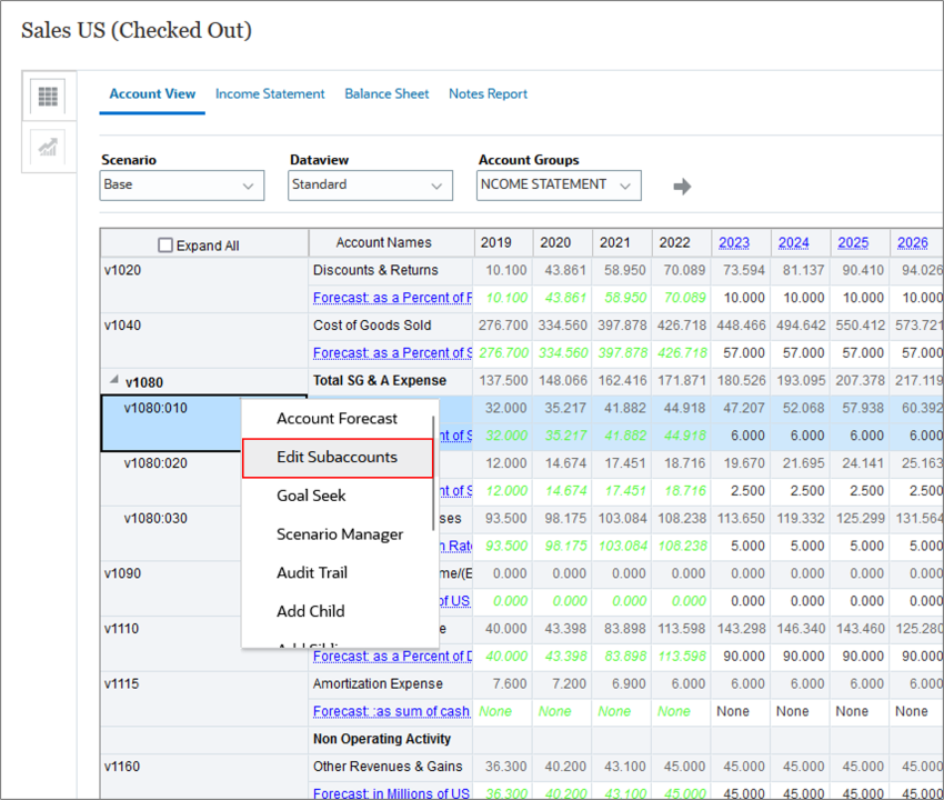 Right-click account and select Subaccounts